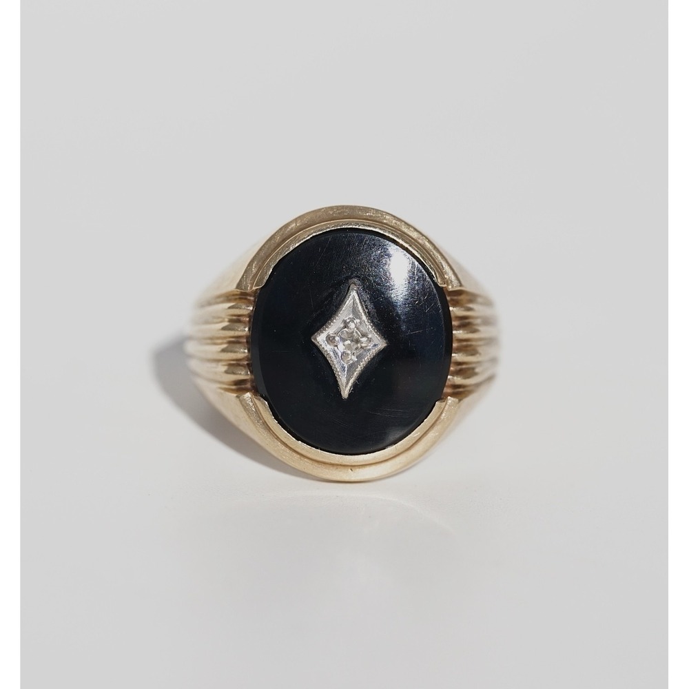 Vintage Men's 10k Solid Yellow Gold Natural Onyx &‎ Diamond Ring - Size 10